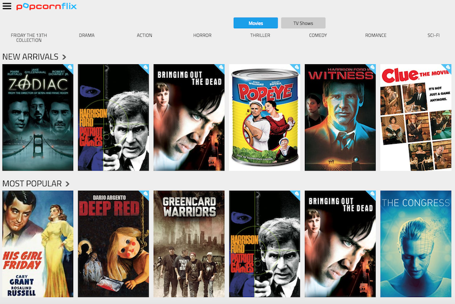 Captura de pantalla de Popcornflix para streaming gratuito