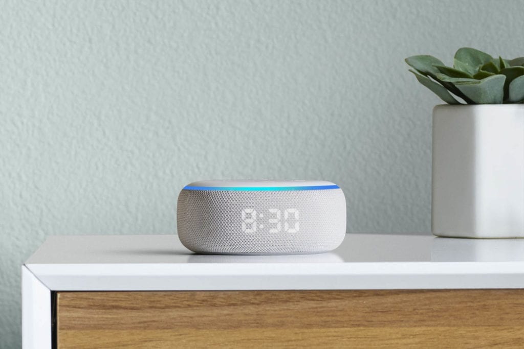 Amazon Echo Dot with Clock on sidetable 1600